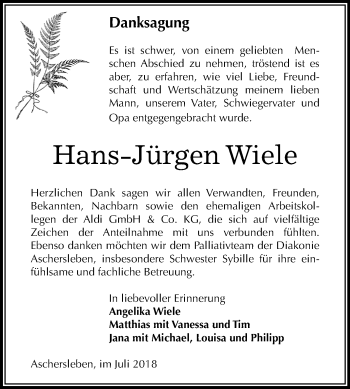 Traueranzeige von Hans-Jürgen Wiele von Mitteldeutsche Zeitung Aschersleben