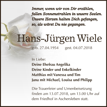 Traueranzeige von Hans-Jürgen Wiele von Super Sonntag Aschersleben