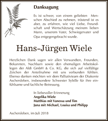 Traueranzeige von Hans-Jürgen Wiele von Super Sonntag Aschersleben