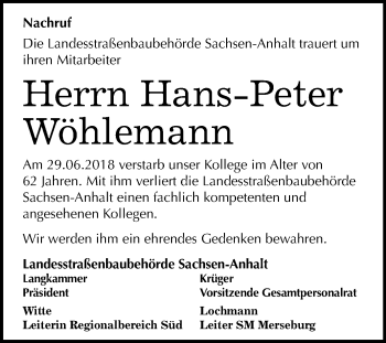 Traueranzeige von Hans-Peter Wöhlemann von Mitteldeutsche Zeitung Merseburg/Querfurt