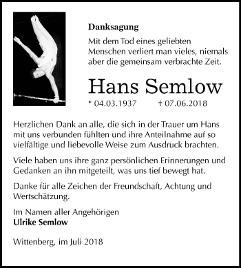 Traueranzeige von Hans Semlow von Mitteldeutsche Zeitung