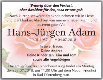 Traueranzeige von Hans Jürgen Adam von Mitteldeutsche Zeitung Merseburg/Querfurt