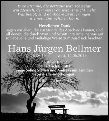 Traueranzeige von Hans Jürgen Bellmer von Mitteldeutsche Zeitung Sangerhausen