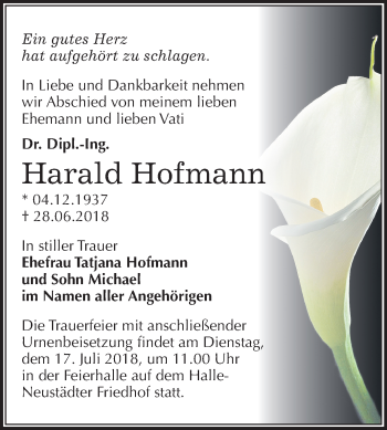 Traueranzeige von Harald Hofmann von Mitteldeutsche Zeitung Halle/Saalkreis