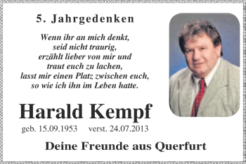 Traueranzeige von Harald Kempf von WVG - Wochenspiegel Merseburg
