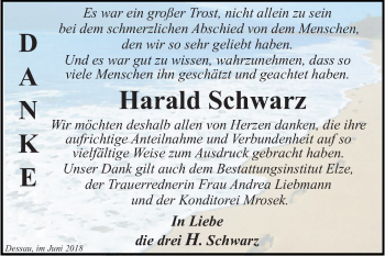 Traueranzeige von Harald Schwarz von Mitteldeutsche Zeitung Dessau-Roßlau