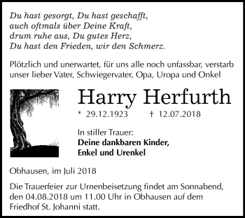 Traueranzeige von Harry Herfurth von Mitteldeutsche Zeitung