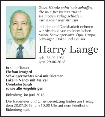 Traueranzeige von Harry Lange von Mitteldeutsche Zeitung