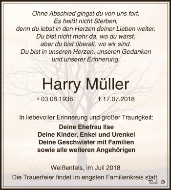 Traueranzeige von Harry Müller von WVG - Wochenspiegel NMB / WSF / ZTZ