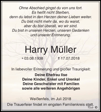 Traueranzeige von Harry Müller von Mitteldeutsche Zeitung Weißenfels