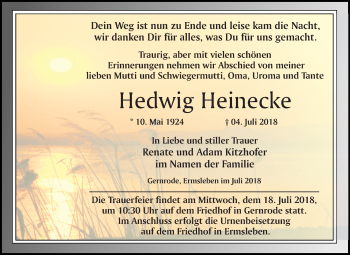Traueranzeige von Hedwig Heinecke von Mitteldeutsche Zeitung Quedlinburg