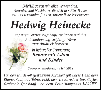 Traueranzeige von Hedwig Heinecke von Mitteldeutsche Zeitung Quedlinburg