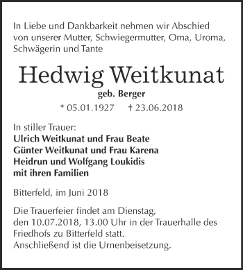 Traueranzeige von Hedwig Weitkunat von WVG - Wochenspiegel Bitterfeld