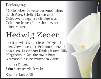Traueranzeige von Hedwig Zeder von WVG - Wochenspiegel Bitterfeld