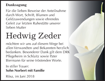 Traueranzeige von Hedwig Zeder von Mitteldeutsche Zeitung Bitterfeld