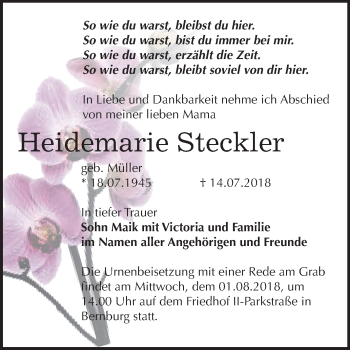 Traueranzeige von Heidemarie Steckler von Mitteldeutsche Zeitung Bernburg