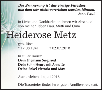 Traueranzeige von Heiderose Metz von Mitteldeutsche Zeitung Aschersleben