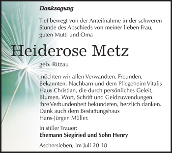 Traueranzeige von Heiderose Metz von Mitteldeutsche Zeitung Aschersleben