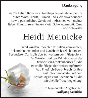 Traueranzeige von Heidi Meinicke von Mitteldeutsche Zeitung Dessau-Roßlau
