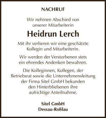 Traueranzeige von Heidrun Lerch von Super Sonntag Dessau / Köthen