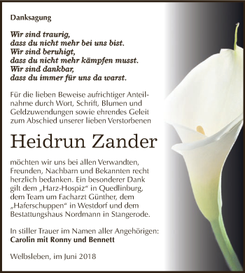 Traueranzeige von Heidrun Zander von Super Sonntag SGH Mansf. Land