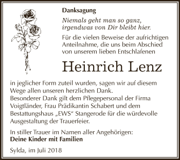Traueranzeige von Heinrich Lenz von Wochenspiegel Mansfelder Land