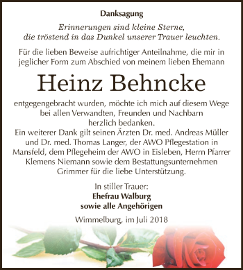 Traueranzeige von Heinz Behncke von Wochenspiegel Mansfelder Land