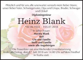 Traueranzeige von Heinz Blank von Mitteldeutsche Zeitung Halle/Saalkreis