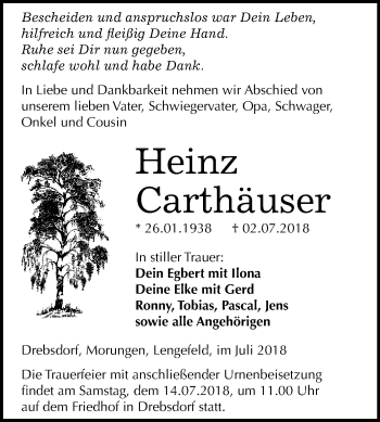 Traueranzeige von Heinz Carthäuser von Mitteldeutsche Zeitung