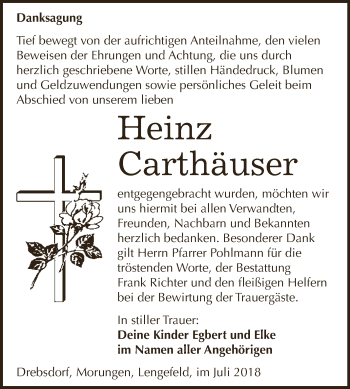 Traueranzeige von Heinz Carthäuser von Super Sonntag SGH Mansf. Land