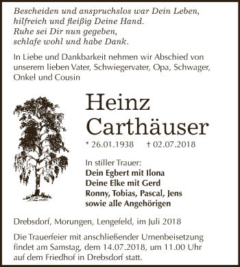 Traueranzeige von Heinz Carthäuser von Super Sonntag SGH Mansf. Land