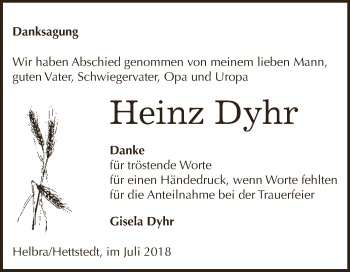 Traueranzeige von Heinz Dyhr von Super Sonntag SGH Mansf. Land