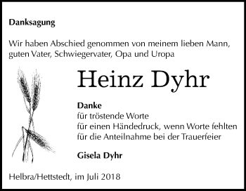 Traueranzeige von Heinz Dyhr von Mitteldeutsche Zeitung