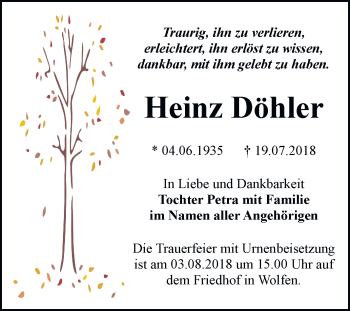 Traueranzeige von Heinz Döhler von Mitteldeutsche Zeitung Bitterfeld