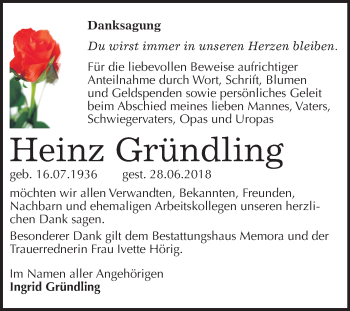 Traueranzeige von Heinz Gründling von Mitteldeutsche Zeitung Halle/Saalkreis