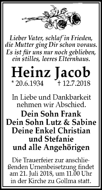 Traueranzeige von Heinz Jacob von Mitteldeutsche Zeitung Halle/Saalkreis