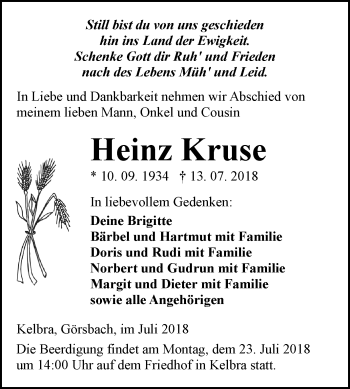 Traueranzeige von Heinz Kruse von Mitteldeutsche Zeitung Sangerhausen