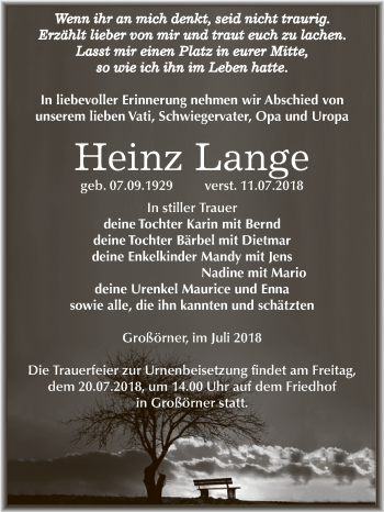 Traueranzeige von Heinz Lange von Wochenspiegel Mansfelder Land