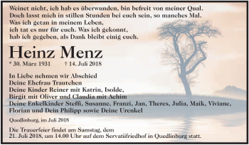 Traueranzeige von Heinz Menz von WVG - Wochenspiegel Quedlinburg
