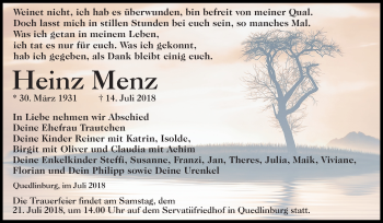 Traueranzeige von Heinz Menz von Mitteldeutsche Zeitung Quedlinburg