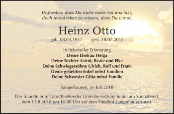 Traueranzeige von Heinz Otto von Mitteldeutsche Zeitung Sangerhausen