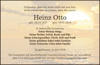 Traueranzeige von Heinz Otto von Super Sonntag SGH Mansf. Land