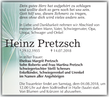 Traueranzeige von Heinz Pretzsch von Mitteldeutsche Zeitung Halle/Saalkreis
