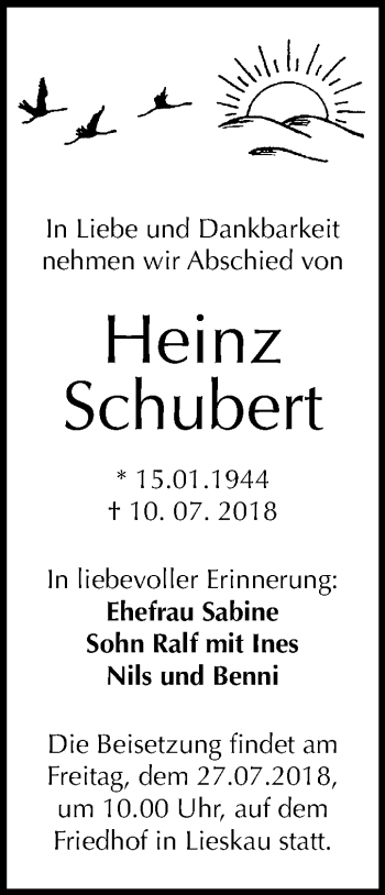 Traueranzeige von Heinz Schubert von Mitteldeutsche Zeitung Halle/Saalkreis