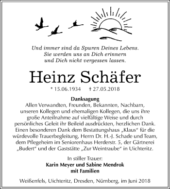 Traueranzeige von Heinz Schäfer von Mitteldeutsche Zeitung Weißenfels