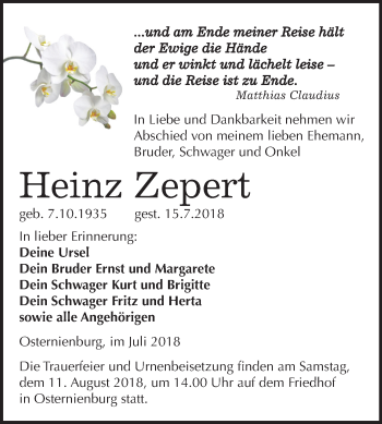 Traueranzeige von Heinz Zepert von Mitteldeutsche Zeitung Köthen
