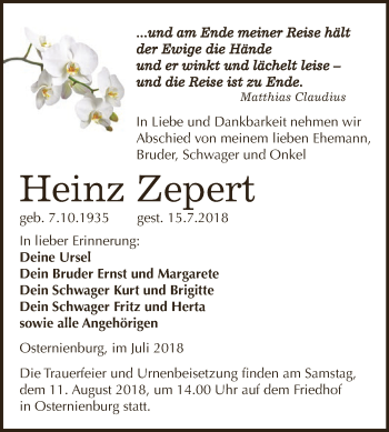 Traueranzeige von Heinz Zepert von WVG - Wochenspiegel Dessau / Köthen