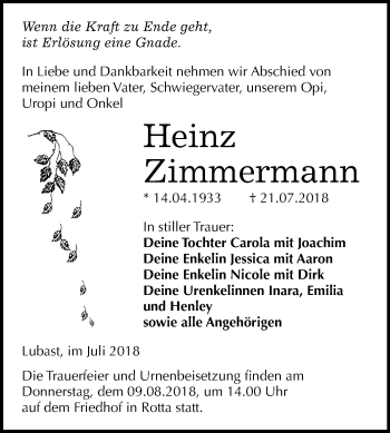 Traueranzeige von Heinz Zimmermann von Mitteldeutsche Zeitung