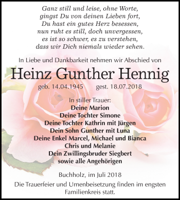 Traueranzeige von Heinz Gunther Hennig von Mitteldeutsche Zeitung