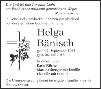 Traueranzeige von Helga Bänisch von WVG - Wochenspiegel Wittenberg